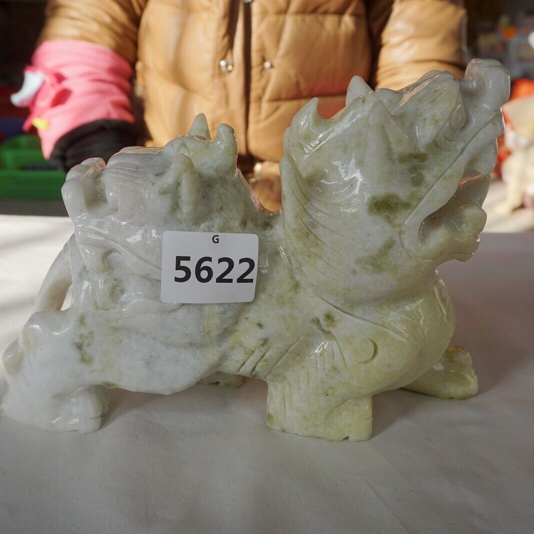 3.2KG 6.9LB 8" Natural Serpentine Jade Xiuyu Crystal Twins Heads dragon kylin China