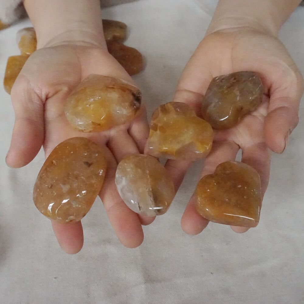 2KG 32Pcs Natural Yellow Rabbit Hair Rutile Quartz Crystal Heart Palm stone Healing