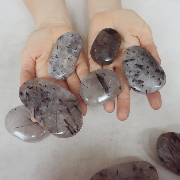 2KG 4.4LB 20Pcs Natural Black Hair Tourmaline Quartz Crystal Palm Stone Healing Wholesales