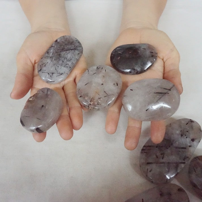 2KG 4.4LB 20Pcs Natural Black Hair Tourmaline Quartz Crystal Palm Stone Healing Wholesales