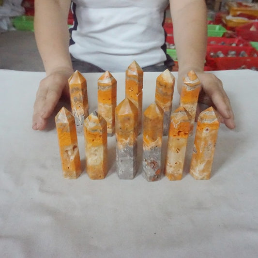 Natural Bumble Bee Jasper Crystal Point Tower Obelisk, Natural Healing Quartz Wand Wholesale Specimen full flat lay display of mixed size obelisks