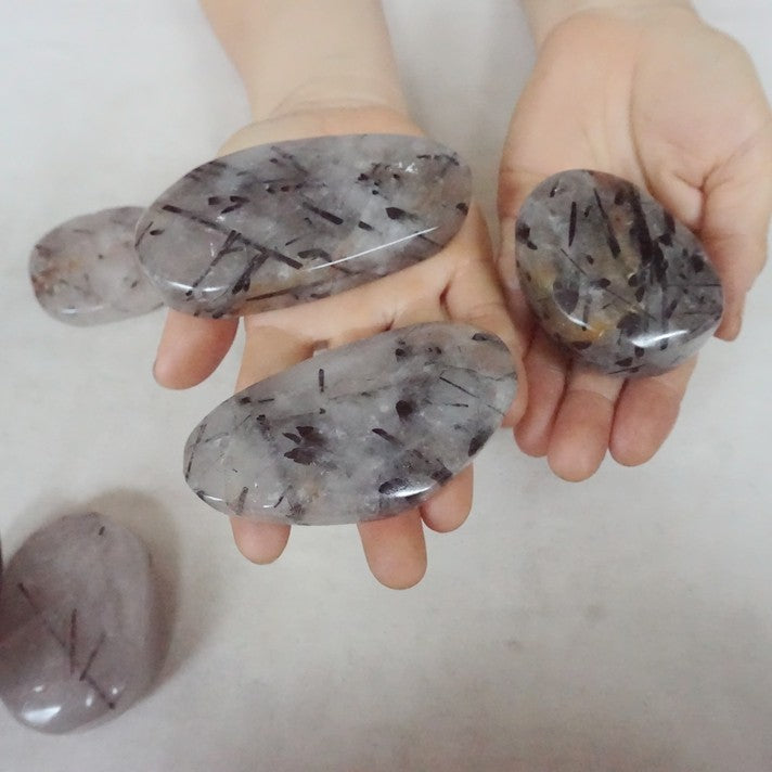 2KG 4.4LB 20Pcs Natural Black Hair Tourmaline Quartz Crystal Palm Stone Healing Wholesales