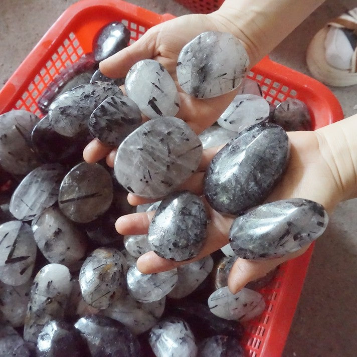 2KG 4.4LB 20Pcs Natural Black Hair Tourmaline Quartz Crystal Palm Stone Healing Wholesales
