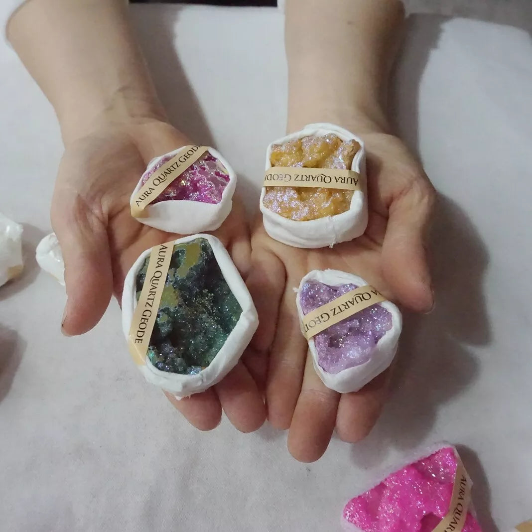 5 Boxes,60Pcs Natura Aqua Aura Agate Quartz Crystal Geode Assorted Titanium Coating,Wholesales Lot.