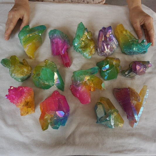 5KG 11LB 14Pcs Rainbow Aqua Aura Quartz Crystal Cluster Points Titanium Coating