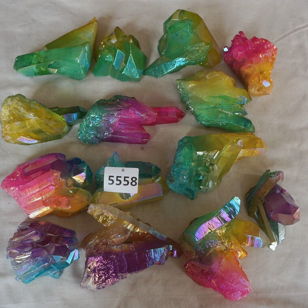 5KG 11LB 14Pcs Rainbow Aqua Aura Quartz Crystal Cluster Points Titanium Coating