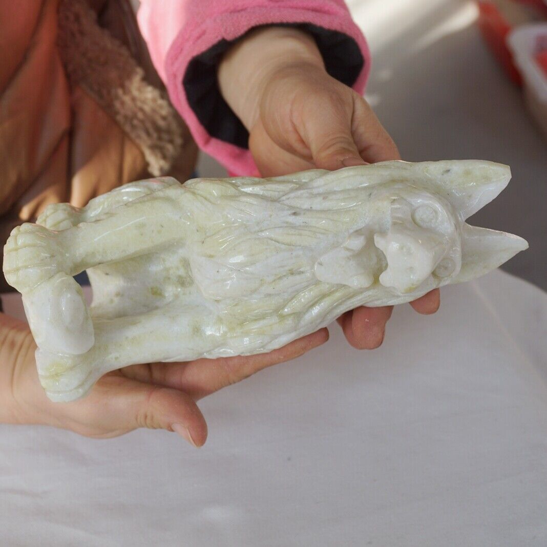 1.6KG 3.5LB 7.9" Natural Serpentine Jade Xiuyu Crystal Wolf Carved Liaoning China