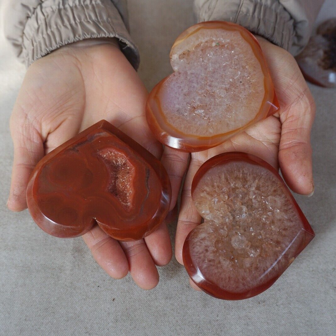 10Pcs 1.4KG 3.0LB Natural Red Carnelian Agate Quartz Crystal Geode Heart Carving Healing