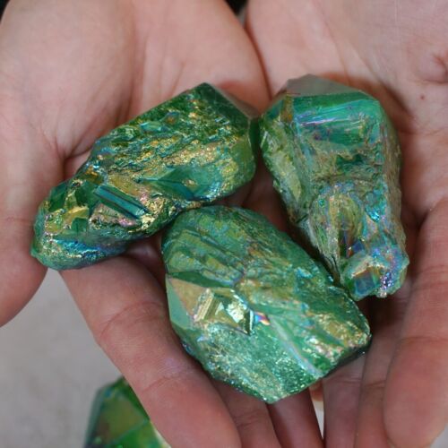 2.2LB 12Pcs Green Rainbow Aqua Aura Quartz Crystal Cluster Points Titanium Coating