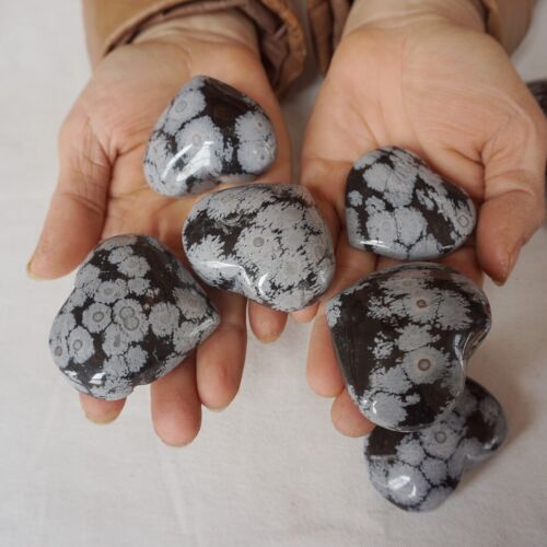 2KG 4.4LB 28Pcs Natural Snowflake Obsidian Quartz Crystal Heart Carved Healing Bulk