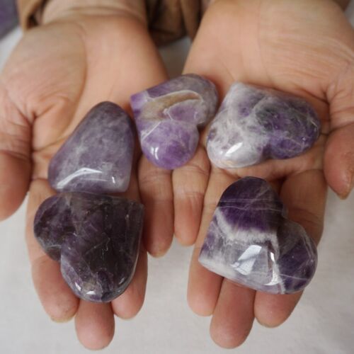 2KG 30Pcs Natural Phantom Chevron Amethyst Quartz Crystal Heart Carved Healing