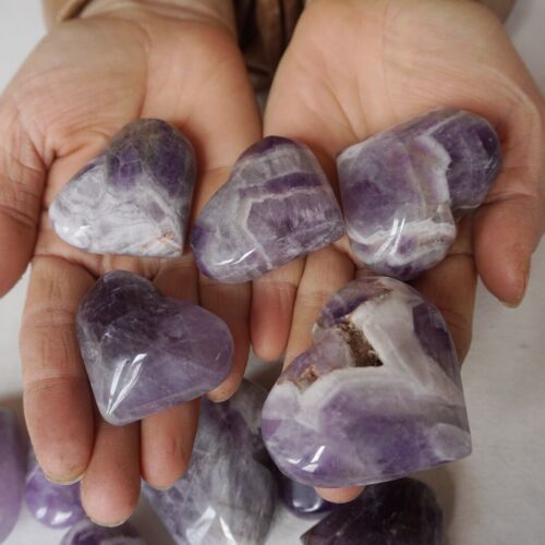 2KG 30Pcs Natural Phantom Chevron Amethyst Quartz Crystal Heart Carved Healing