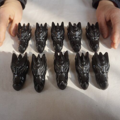 10Pcs 2.2LB Natural Black Obsidian Quartz Crystal Dragon Head Carving Healing