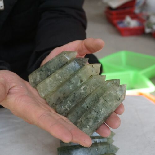 2KG 4.4LB 22Pcs Natural Green Prehnite & Black Hair Quartz Crystal Tower Points Healing