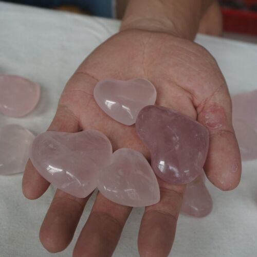 2.2LB 20Pcs Natural Pink Rose Quartz Crystal Heart Carved Palm Stone Healing