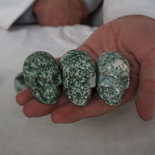 20Pcs 2.1kg 4.6LB Natural Green Snowflake Jasper Crystal Skull Head Sculpture Healing