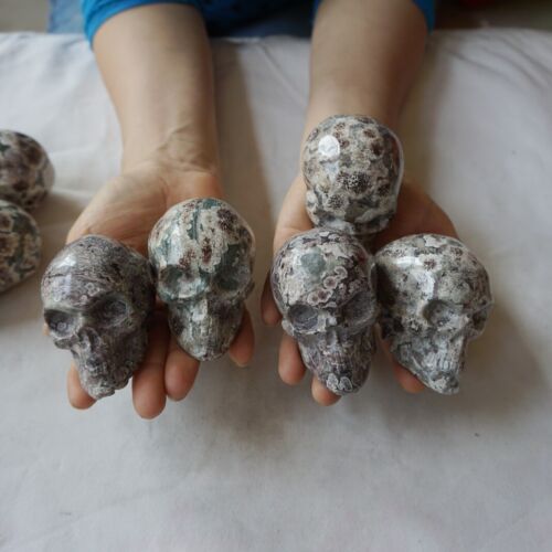 2.6KG 5.7LB 10Pcs Natural Green Sakura Jasper Crystal Skull Carving Healing Russia Bulk