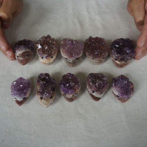 10 Pieces 1.8LB Natural Amethyst Quartz Crystal Cluster hedgehog Carved Head Sculpture