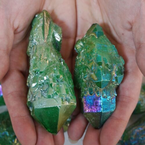 2.2LB 12Pcs Green Rainbow Aqua Aura Quartz Crystal Cluster Points Titanium Coating