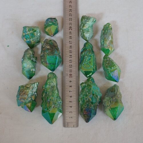 2.2LB 12Pcs Green Rainbow Aqua Aura Quartz Crystal Cluster Points Titanium Coating