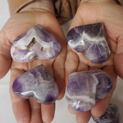 2KG 30Pcs Natural Phantom Chevron Amethyst Quartz Crystal Heart Carved Healing