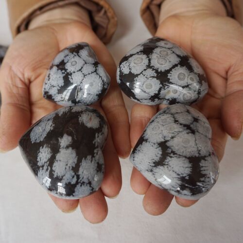 2KG 4.4LB 28Pcs Natural Snowflake Obsidian Quartz Crystal Heart Carved Healing Bulk