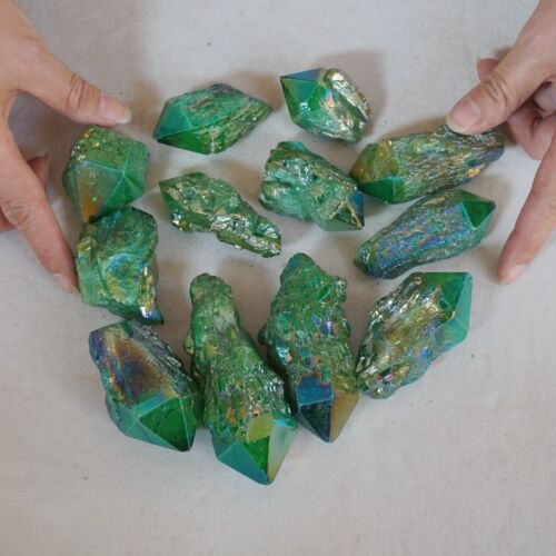 2.2LB 12Pcs Green Rainbow Aqua Aura Quartz Crystal Cluster Points Titanium Coating