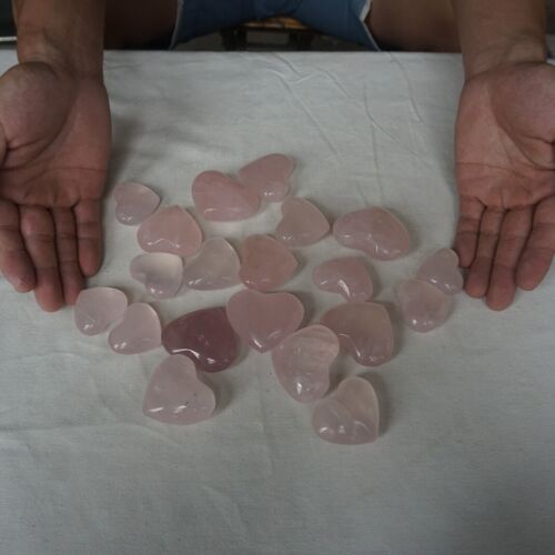 2.2LB 20Pcs Natural Pink Rose Quartz Crystal Heart Carved Palm Stone Healing