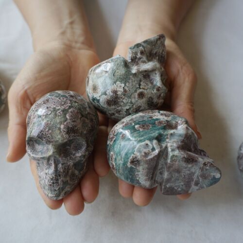 2.6KG 5.7LB 10Pcs Natural Green Sakura Jasper Crystal Skull Carving Healing Russia Bulk