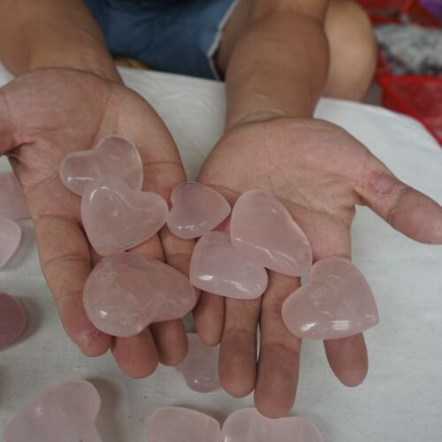 2.2LB 20Pcs Natural Pink Rose Quartz Crystal Heart Carved Palm Stone Healing