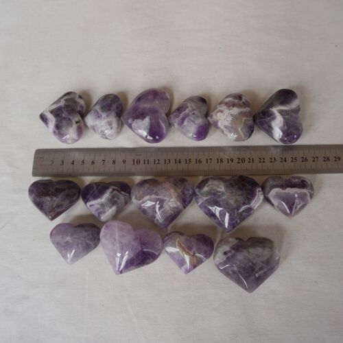 2KG 30Pcs Natural Phantom Chevron Amethyst Quartz Crystal Heart Carved Healing