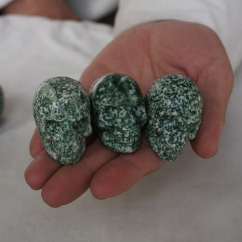 20Pcs 2.1kg 4.6LB Natural Green Snowflake Jasper Crystal Skull Head Sculpture Healing