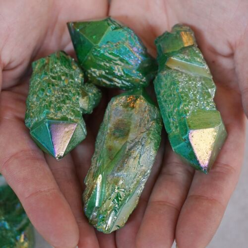 2.2LB 12Pcs Green Rainbow Aqua Aura Quartz Crystal Cluster Points Titanium Coating