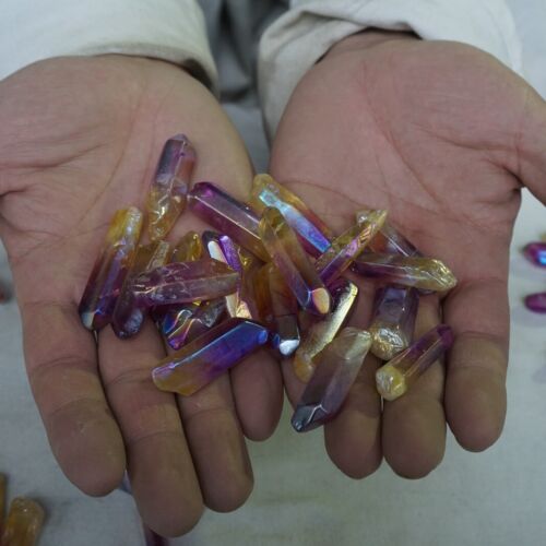 200Pcs 4LB 1.8kg Rainbow Aqua Aura Quartz Crystal Points Bulk Titanium Coating,No hole