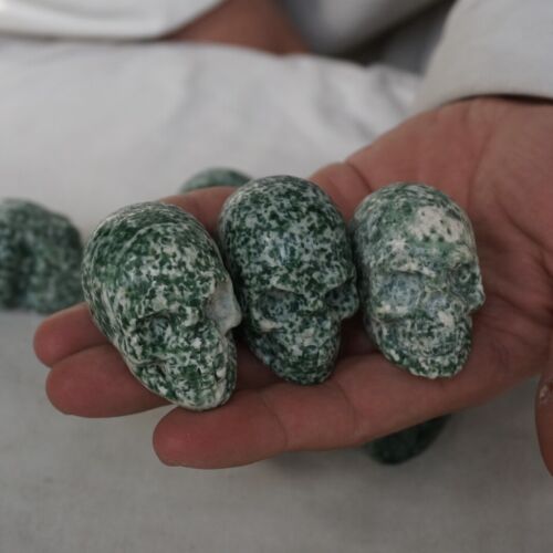 20Pcs 2.1kg 4.6LB Natural Green Snowflake Jasper Crystal Skull Head Sculpture Healing