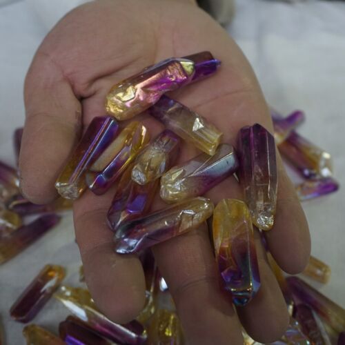 200Pcs 4LB 1.8kg Rainbow Aqua Aura Quartz Crystal Points Bulk Titanium Coating,No hole