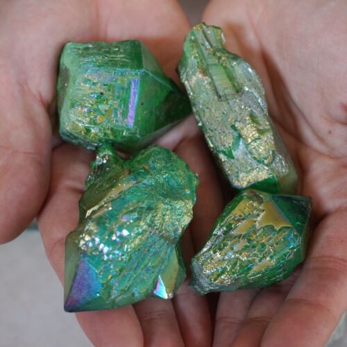 2.2LB 12Pcs Green Rainbow Aqua Aura Quartz Crystal Cluster Points Titanium Coating