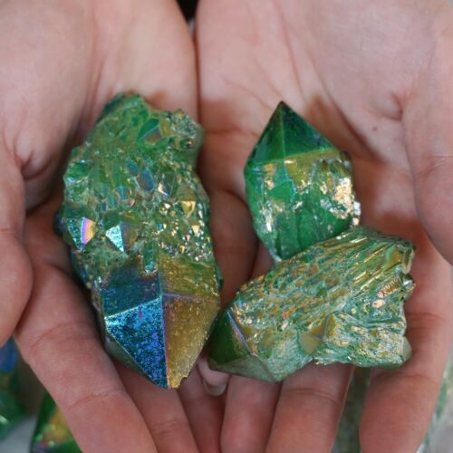 2.2LB 12Pcs Green Rainbow Aqua Aura Quartz Crystal Cluster Points Titanium Coating