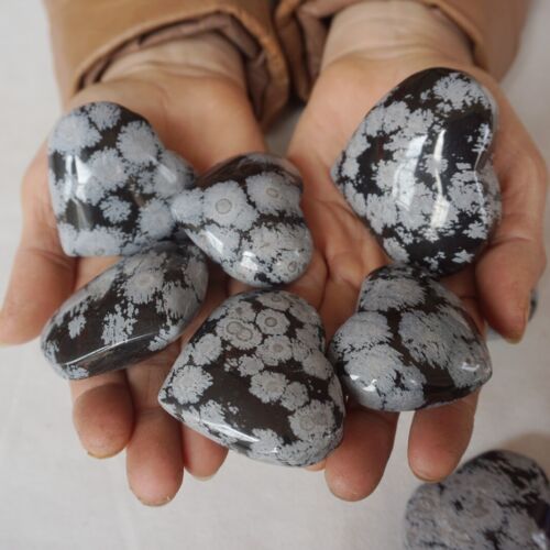 2KG 4.4LB 28Pcs Natural Snowflake Obsidian Quartz Crystal Heart Carved Healing Bulk