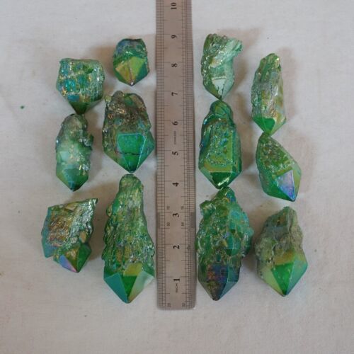 2.2LB 12Pcs Green Rainbow Aqua Aura Quartz Crystal Cluster Points Titanium Coating