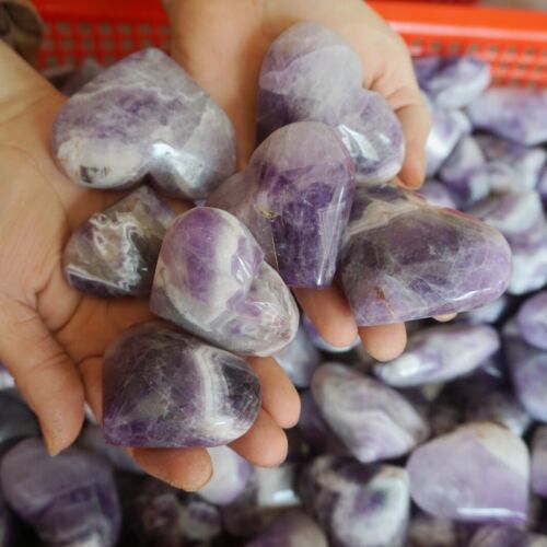 2KG 30Pcs Natural Phantom Chevron Amethyst Quartz Crystal Heart Carved Healing