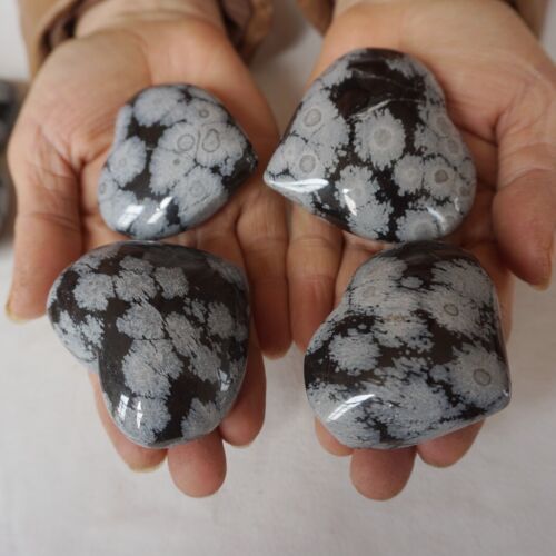 2KG 4.4LB 28Pcs Natural Snowflake Obsidian Quartz Crystal Heart Carved Healing Bulk