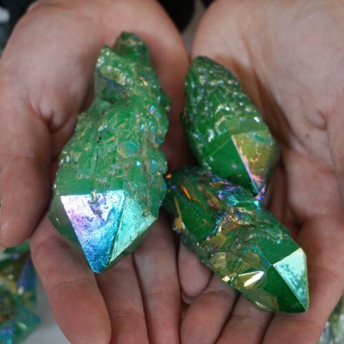 2.2LB 12Pcs Green Rainbow Aqua Aura Quartz Crystal Cluster Points Titanium Coating