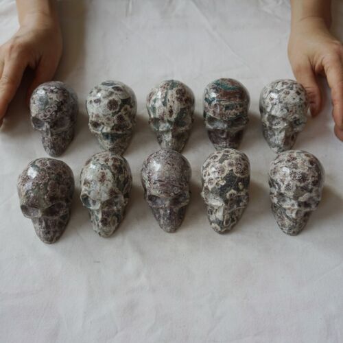 2.6KG 5.7LB 10Pcs Natural Green Sakura Jasper Crystal Skull Carving Healing Russia Bulk