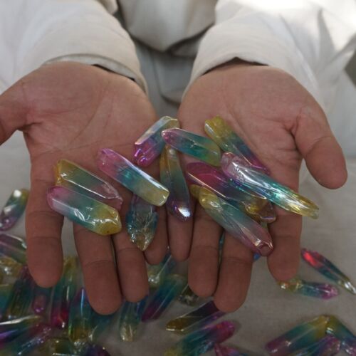 2KG 4.4LB 120Pcs Rainbow Aqua Aura Quartz Crystal Points Bulk Titanium Coating