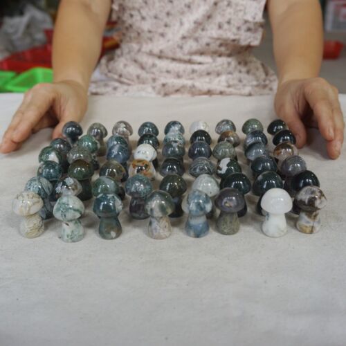 2kg 100Pcs 4.4LB Natural Moss Agate Carnelian Crystal Mushroom Carving Palm Healing 35mm