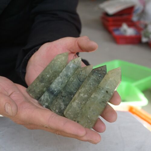 2KG 4.4LB 22Pcs Natural Green Prehnite & Black Hair Quartz Crystal Tower Points Healing