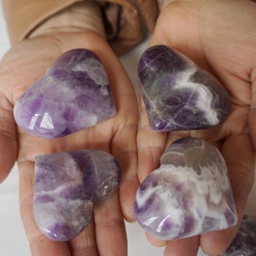 2KG 30Pcs Natural Phantom Chevron Amethyst Quartz Crystal Heart Carved Healing