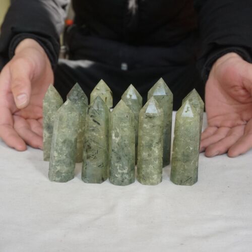 2KG 4.4LB 22Pcs Natural Green Prehnite & Black Hair Quartz Crystal Tower Points Healing