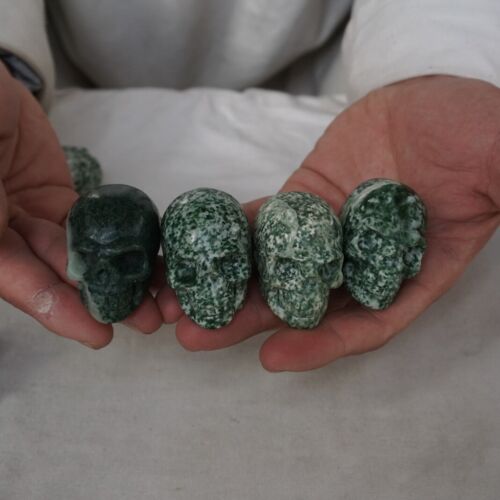 20Pcs 2.1kg 4.6LB Natural Green Snowflake Jasper Crystal Skull Head Sculpture Healing